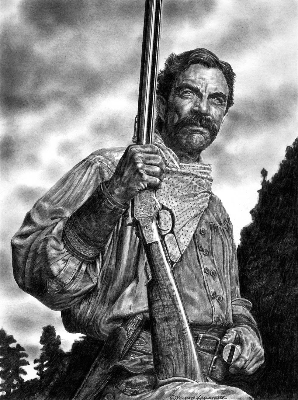 Pencil illustration of Tom Selleck with Rifle